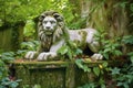 stone lion statue amidst overgrown roman ruins Royalty Free Stock Photo