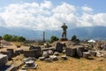 Stone man statue in Pompeii, Italy. Antique culture concept. Italian landmark. Archeological digs.