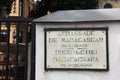 Stone marble plaque with inscription Embassy of Madagascar on fence in Moscow, Russia