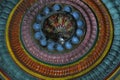 Stone masonry ceiling with intricate carving depicting gods in Garbhagriha of Vitthal Temple, Palashi, Parner, Ahmednagar