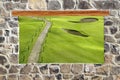 Stone masonry wall window golf course view Royalty Free Stock Photo