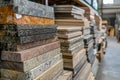 Stone masonry warehouse presenting stacks of granite slabs, showcasing diverse colors and textures for construction and design Royalty Free Stock Photo