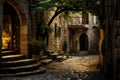 a stone medieval alley with a tree growing nearby. stone steps. arched stone entrance.