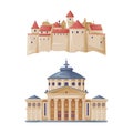 Stone Medieval Castle and Athenaeum as Romania Traditional Symbol and Object Vector Set