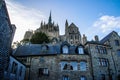 Stone medieval houses and a cathedral in the city of Seint Michel Abbey