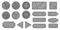Stone menu buttons. Medieval cracked border UI elements, old granite block frame icons for mobile app user interface. Vector