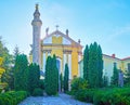 The medieval Ottoman minaret in front of St Peter and Paul Cathedral, Kamianets-Podilskyi, Ukraine