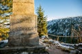 Stone monument of Adalbert Stifter at the PlÃÂ¶ckenstein Plechy mountain above Plesne Lake in the Bohemian Forest, Sumava