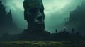 Reviving Prehistoric Art: Cyberpunk Moai Tower In Dark Cyan