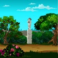 Stone monument in the form of an angel in the garden. Vector cartoon close-up illustration. Royalty Free Stock Photo