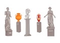 Exhibition objects in the gallery. Museum exhibits, a set of statues and vases. Stone statues. Vector cartoon flat