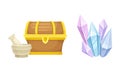 Stone mortar bowl, pestle, wooden chest and magic crystal gem stone. Witchcraft and alchemy objects set cartoon vector