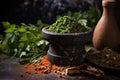 a stone mortar with crushed spices, fresh herbs in the background Royalty Free Stock Photo