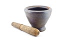 Stone mortar and wood pestle isolated. Royalty Free Stock Photo