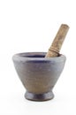 Stone mortar and wood pestle isolated. Royalty Free Stock Photo