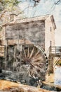 Stone Mountain Grist Mill, Stone Mountain Park, Georgia, USA. Watercolor Illustration.