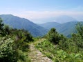 Stone mule trail at Cima Sasso in Val Grande, national park in Piedmont, Italy with views of Lago Maggiore.