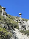 Stone mushrooms in the Akkurum tract against blue sky, the rock formations of a bizarre shape, Altai, Russia