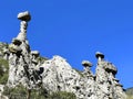 Stone mushrooms in the Akkurum tract against blue sky, the rock formations of a bizarre shape, Altai, Russia
