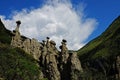 Stone mushrooms behind the cloud. Natural phenomenon in Altai mountains. Russia.