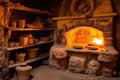 stone oven with fire and unbaked dough inside