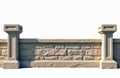 Stone parapet with pillars stands against a white background. This architectural element has rough textured stone blocks and a Royalty Free Stock Photo