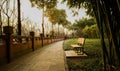 Stone path along balustraded riverside in city at twilight