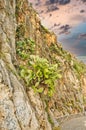 Stone path along the sea coast on sunset with rocky cliff on the side and blue sky near Nafplio cit Royalty Free Stock Photo