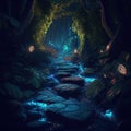 Stone path through bioluminescent fantasy forest generated ai Royalty Free Stock Photo