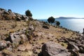 Stone path among bordered fields going down to the Titicaca lake in the sunny day