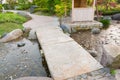 Stone path in a Japanese Garden, stone bridge, across a pond. Royalty Free Stock Photo