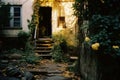 a stone path leads to a house with yellow flowers