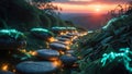 Magical Stone Path Lit by Fairy Lights at Sunset Royalty Free Stock Photo