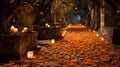 Stone path lined with orange marigold flowers