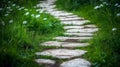 Stone Path Through Lush Green Grass with Wildflowers Royalty Free Stock Photo