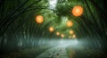 Enchanting misty bamboo forest path illuminated by glowing lanterns for magical event or serene escape Royalty Free Stock Photo