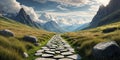 A stone path through a mountainous landscape