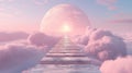 Dreamscape Vista: A Stone Path Extends over Clouds to a Giant Sphere Under a Pastel Sky. Royalty Free Stock Photo
