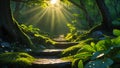 Enchanted Forest Stone Steps bathed in Sunlight Royalty Free Stock Photo