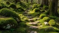 A stone path are surrounded by towering trees in a serene forest Royalty Free Stock Photo