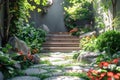 A stone path winds through the garden, leading to stairs Royalty Free Stock Photo