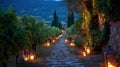 Vineyard Stone Path Illuminated by Lanterns Under a Warm Mediterranean Glow in the Evening Royalty Free Stock Photo