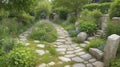 A stone pathway leading to a hidden village garden.