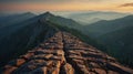 Stone Pathway Leading to Mountain Summit with Scenic Sunset Over Forested Valleys Royalty Free Stock Photo