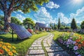 A solar-guided journey: a stone path culminates at a house adorned with rooftop panels., generative ai