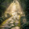 Stone pathway meanders through a lush, Royalty Free Stock Photo