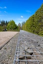 Stone pathway in the park with green trees and blue sky in spring Royalty Free Stock Photo