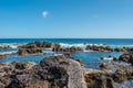 Stone pathway in volcanic rock in the natural sea pools in Biscoitos on the island of Terceira, Azores PORTUGAL