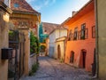 Stone paved medieval streets with colorful houses in Sighisoara, Transylvania region, Romania