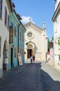 Stone paved old streets with colorful houses in Sighisoara fortress,Transylvania,Romania,Europe...IMAGE Royalty Free Stock Photo